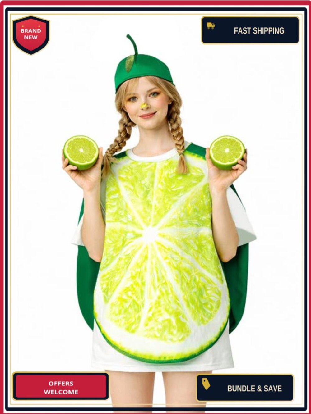 Adult Lime Fruit Costume Cosplay Halloween Outfit with Hat One Size